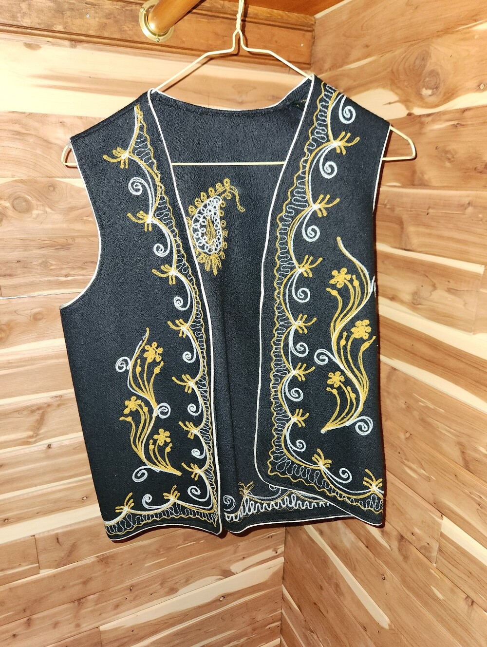 Vintage 70s Embroidered Black Vest with Gold & White Detail, From Iran